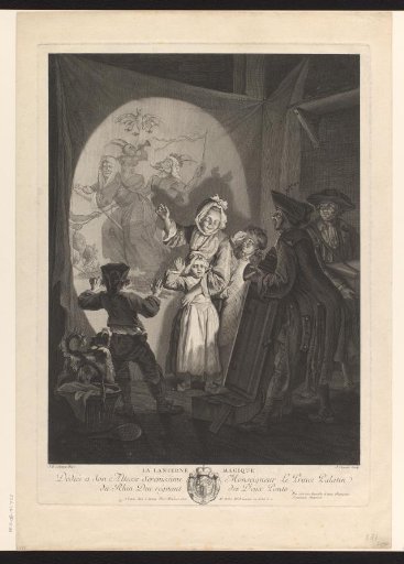 Woman and startled children at a magic lantern