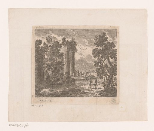 Figures near a ruin on a riverbank