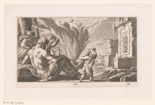Man and Woman Sitting by a Fire, Stoked by Putti