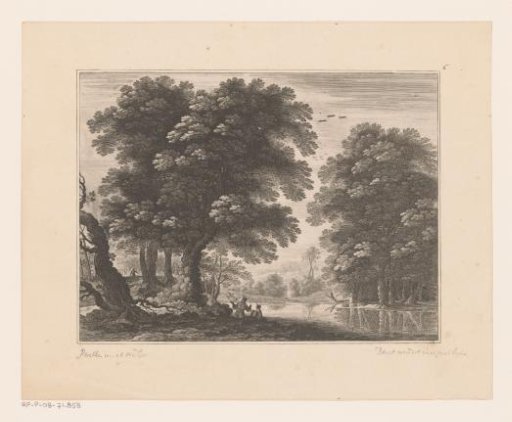 Forest landscape with men by a lake