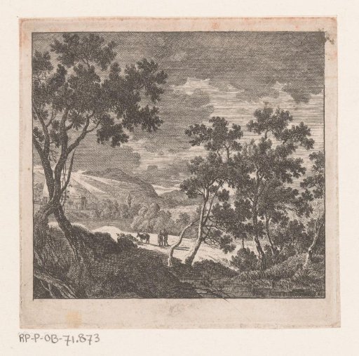 Hilly landscape with a pack animal and two walkers