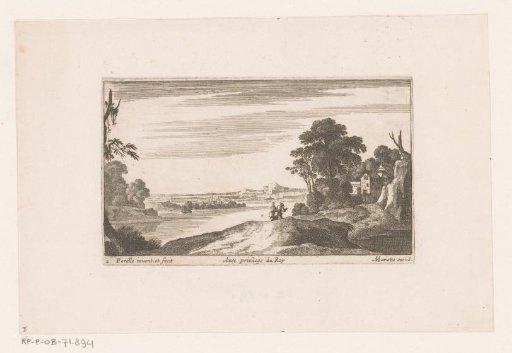 River landscape with a walking couple