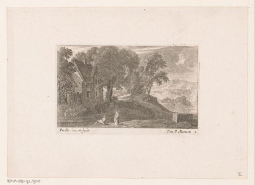 Figures by a house on the river