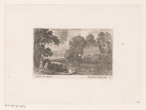 Walkers by the river and house