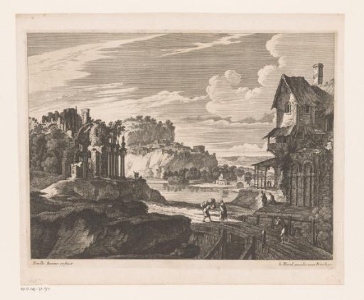 Landscape with houses and ruins along a river