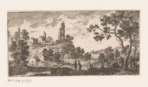 View of a church and village behind trees
