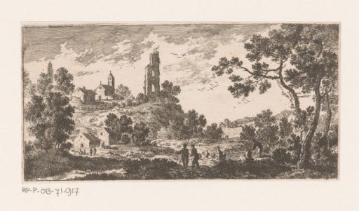 Landscape with a tower with a stork on a nest