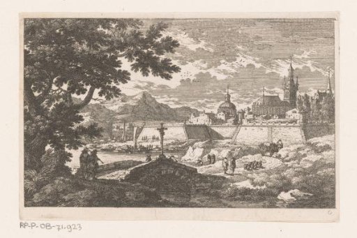Stone bridge with a cross on it in front of a walled city