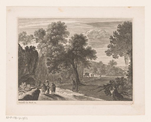 Landscape with travellers on a path along a rocky outcrop