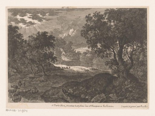 Landscape with drinking cattle on the left in the foreground