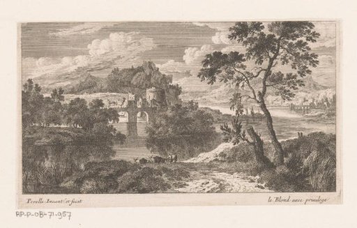 River landscape with bridge with two arches