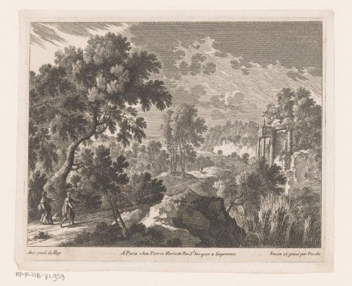 Landscape with walking man and woman near a ruin