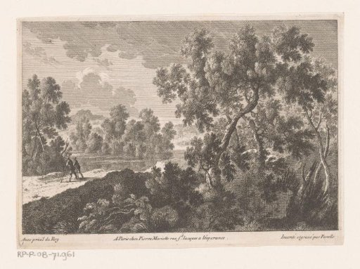 Wooded landscape with walkers by the water