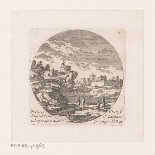 Figures by the water in front of a fortress town