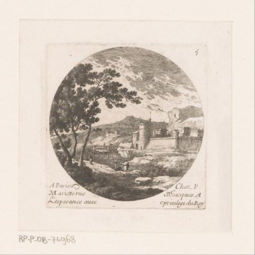 Fortress town and figures near a tree
