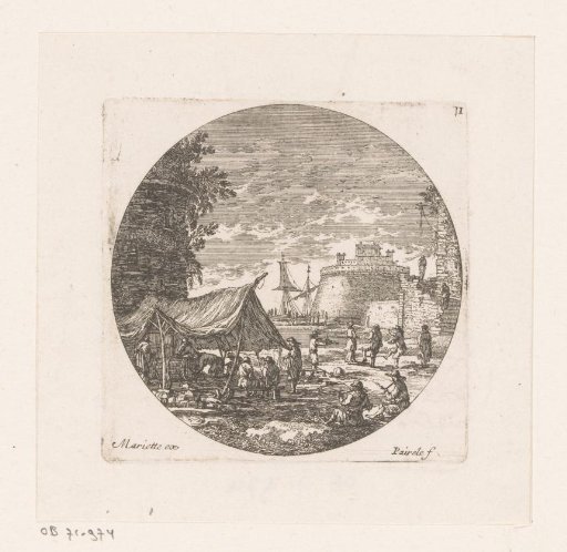 Dancing and smoking figures near a tent