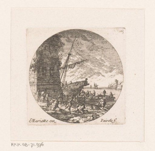 Harbour workers on the beach near a ship