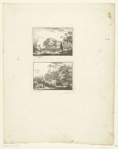 Landscape with a man and a dog and landscape with two hunters by the road