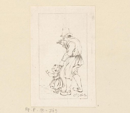 Standing man with a child on a leash