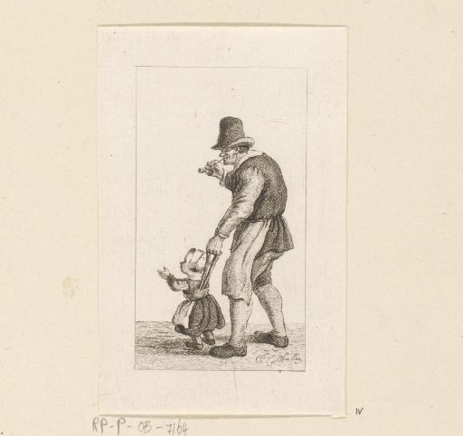 Standing man with a child on a leash
