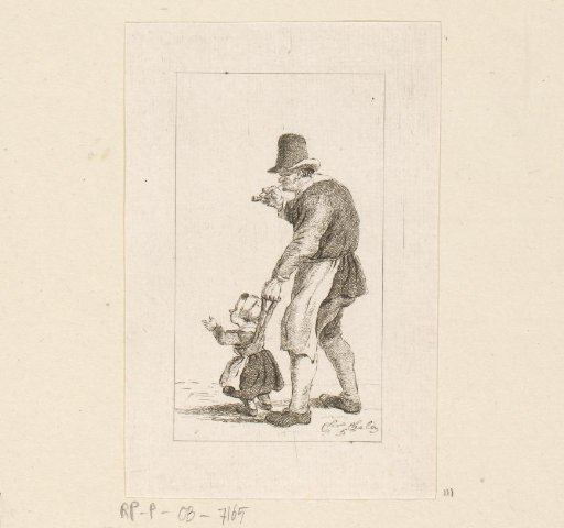 Standing man with a child on a leash