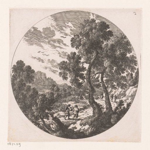 Mountain landscape with travellers on a road