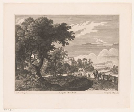 Shepherds and rider by a bridge