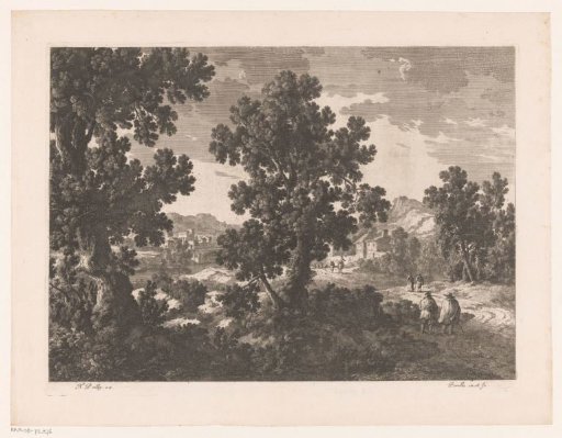 Landscape with walkers on country road near town