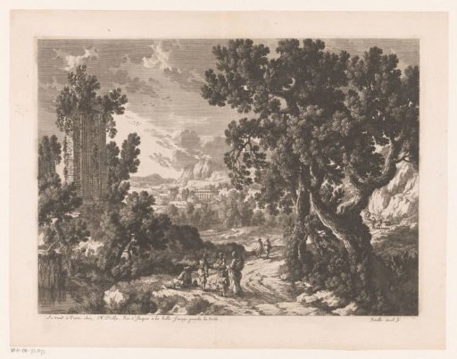 Landscape with figures on country road near ruins