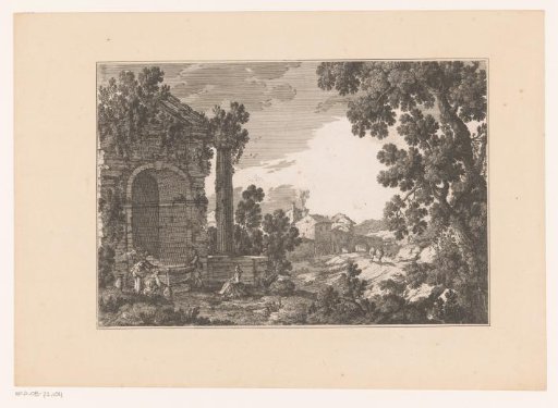 Landscape with watermill and antique fountain