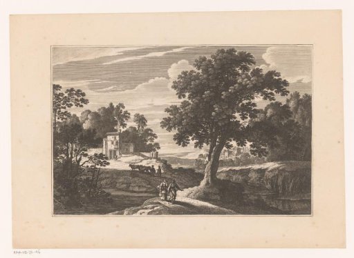 Landscape with two walkers by a tree