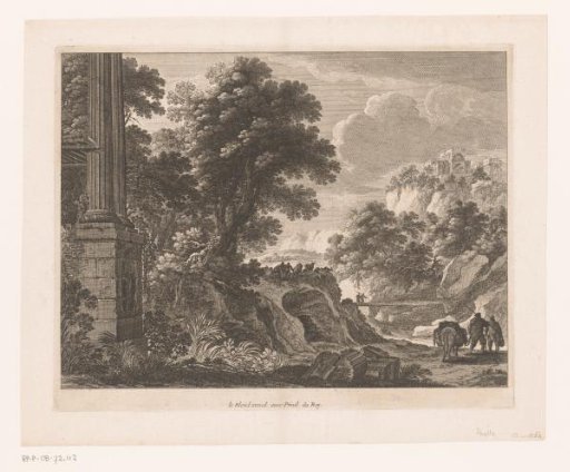 Landscape with two columns, shepherds and travellers