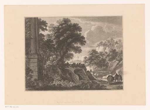Landscape with columns, shepherds and travellers