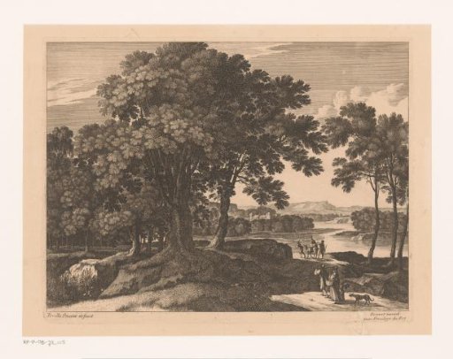Landscape with trees and travellers along a river