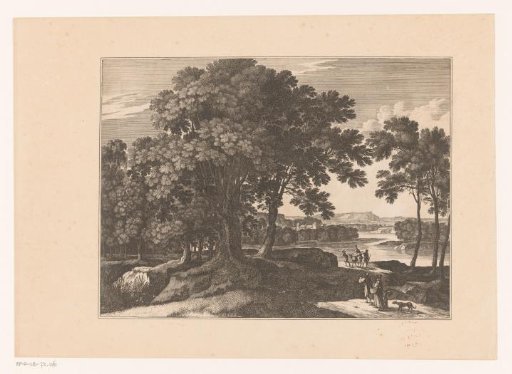 Landscape with trees and travellers along a river