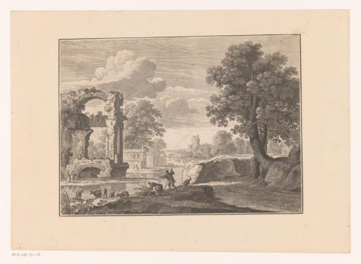 Landscape with ruins and drinking cattle