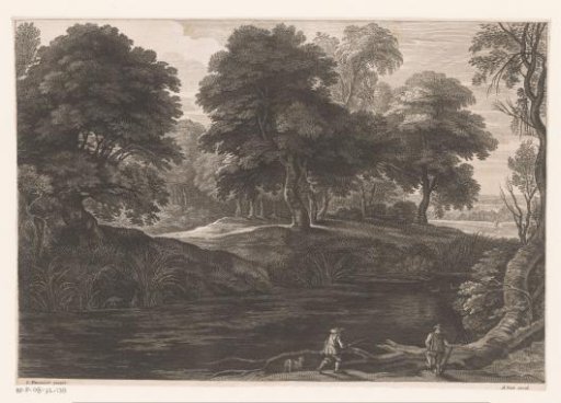 Two men and a dog by a river
