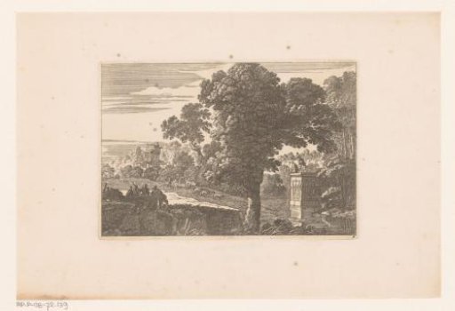 Landscape with men on an antique square pedestal
