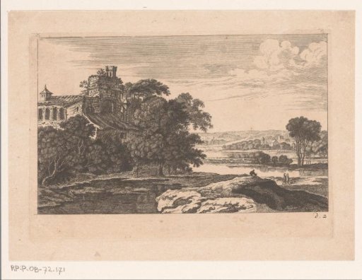 River landscape with a monastery ruin
