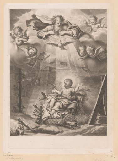 Christ in the manger with God the Father and the Holy Spirit above him