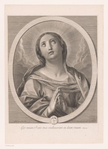 Mary with her gaze directed upwards and her hands folded
