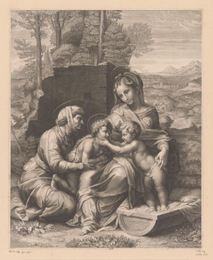 Mary with child standing in the manger, and Elizabeth with John