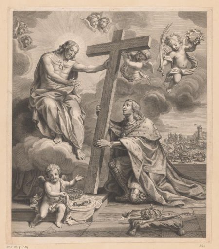 Kneeling king before Christ on a cloud, between them the cross