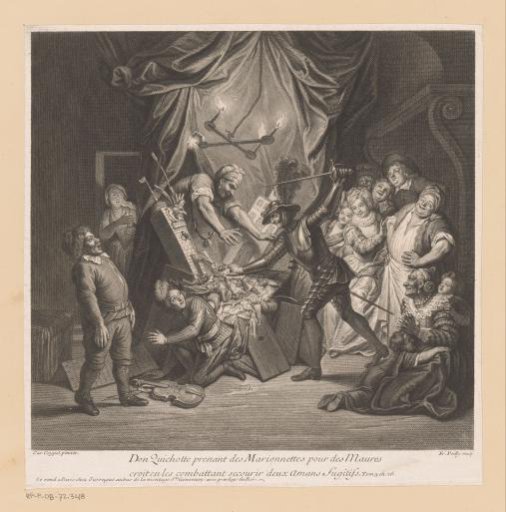 Don Quixote destroys a puppet theatre with marionettes