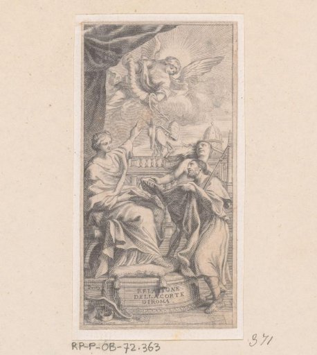 Ecclesia Points to an Angel Pouring Episcopal Attributes over a Man with a Staff