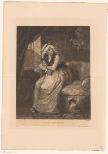 Interior with lady, parrot and dog