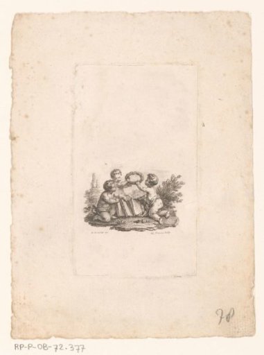 Three putti with books and a laurel wreath