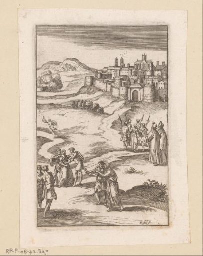 Soldiers overpowering two women and leading them towards a walled city