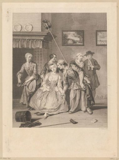 Interior with Saartje on a chair, surrounded by household staff