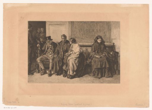 Seated figures in waiting room of a station